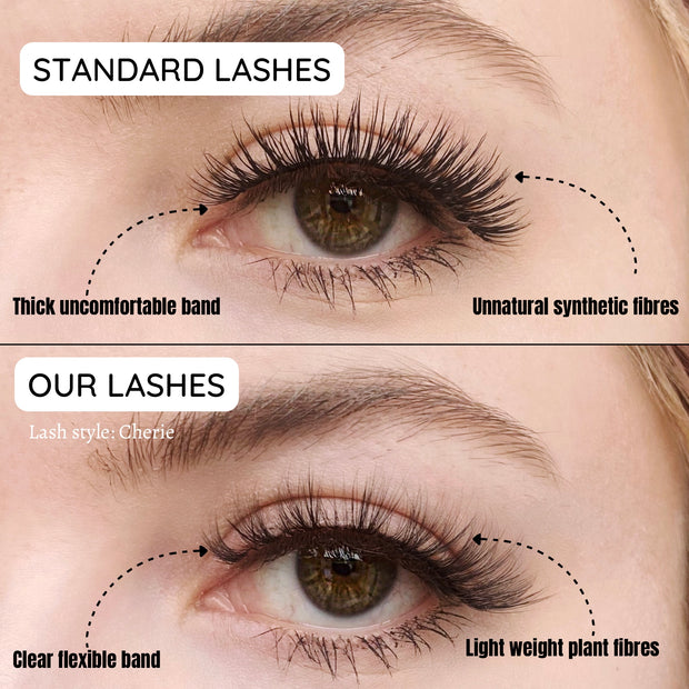 Two photos comparing regular synthetic eyelashes to plant fibre lashes. The plant fibre lashes look much more natural, soft and light.